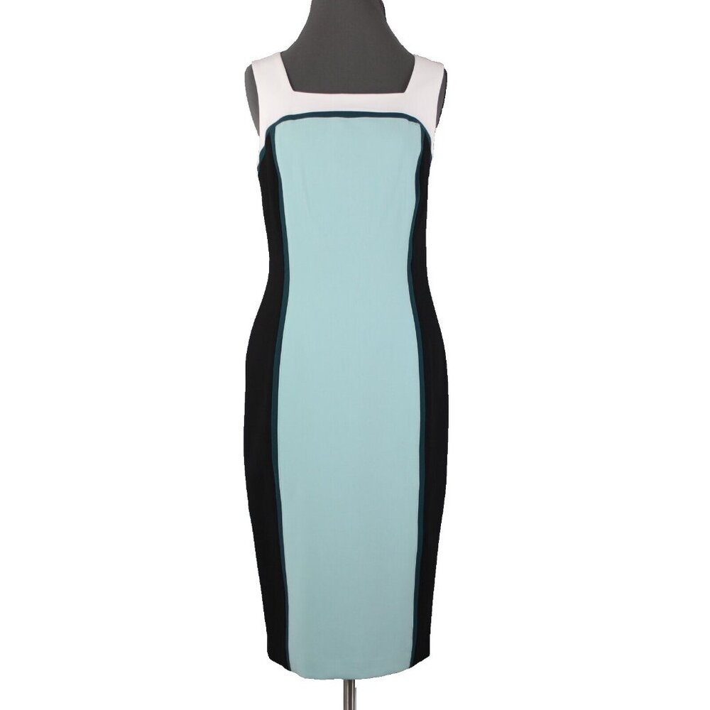 White House Black Market $160 Sz 8 White Black Aqua Color Block Poly Dress
